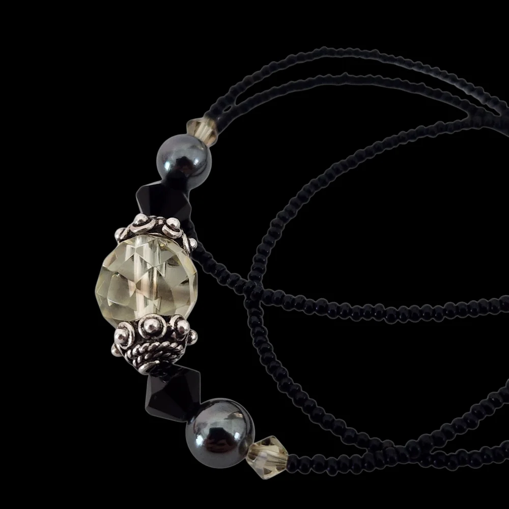 Dainty necklace 925 sterling silver faceted crystal pendant petite seed beads